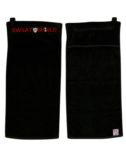 Black sweatshirt with 'SWEATSHIELD' logo on a white background