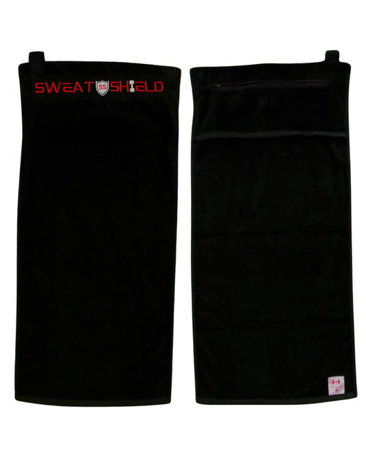 Black sweatshirt with 'SWEATSHIELD' logo on a white background