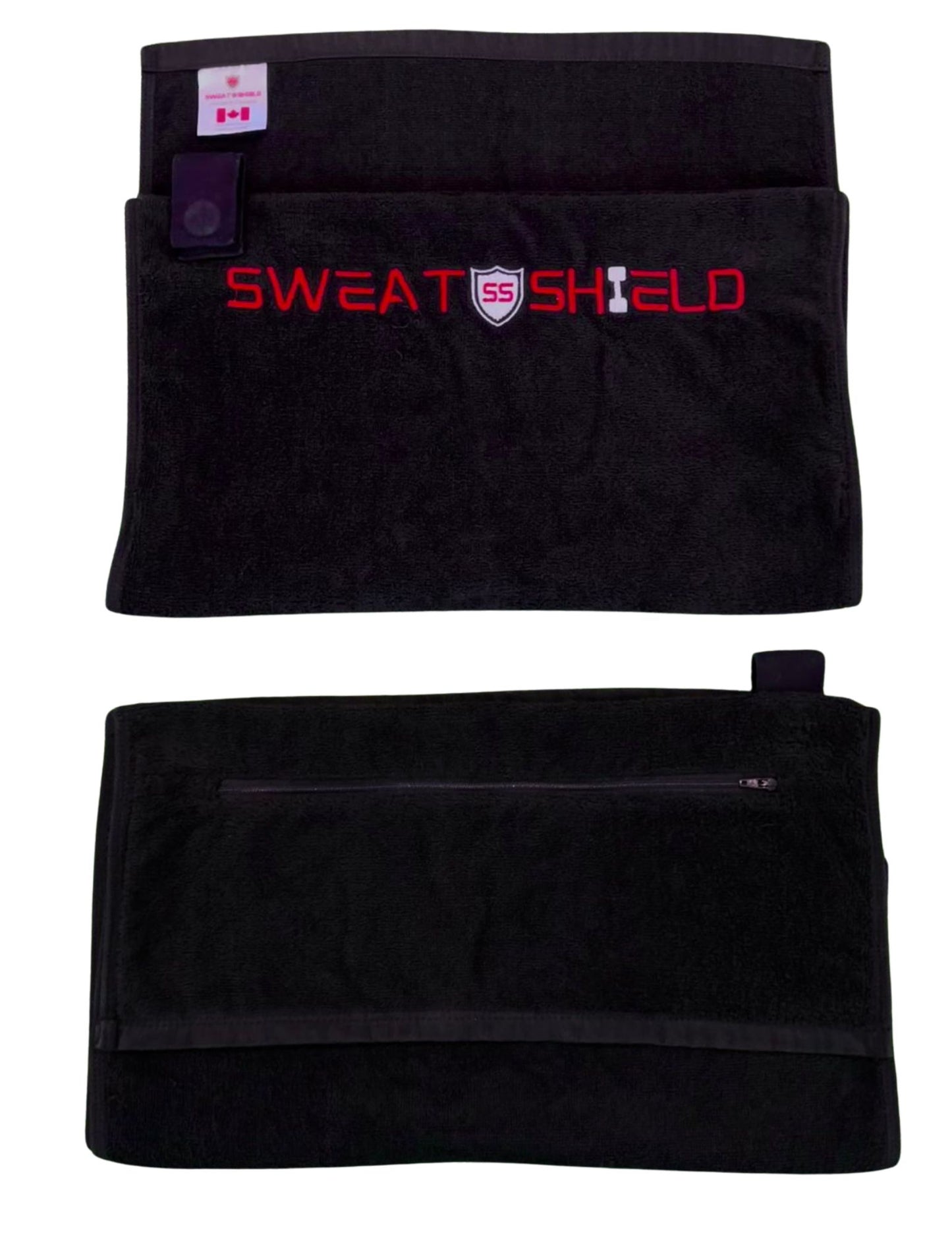 Black waist wrap with 'Sweat Shield' branding on a white background
